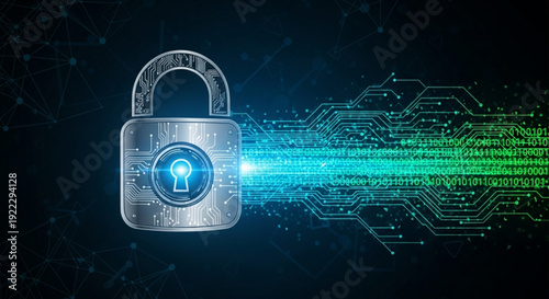 Digital padlock with glowing blue light and circuit board background representing cybersecurity and data protection