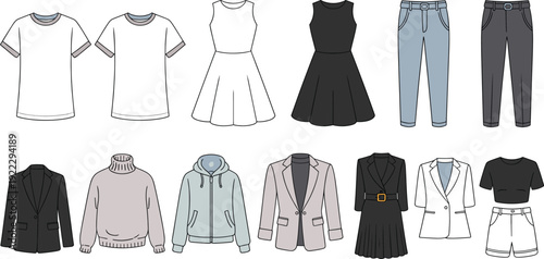 Neutral women clothing collection set, flat vector illustration of t shirts, dresses, jeans, blazers, sweater, hoodie, skirt, shorts, modern fashion icons isolated