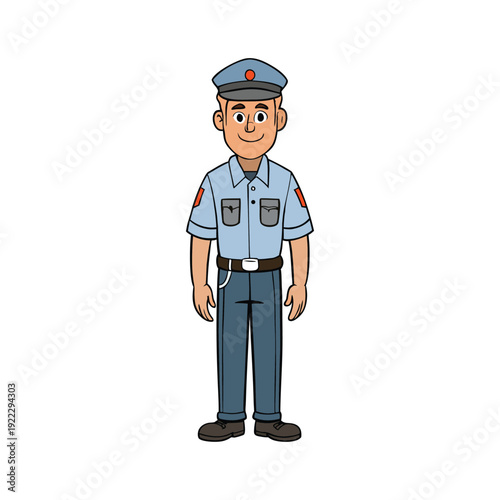 Security guard in blue uniform standing on duty during labor day event