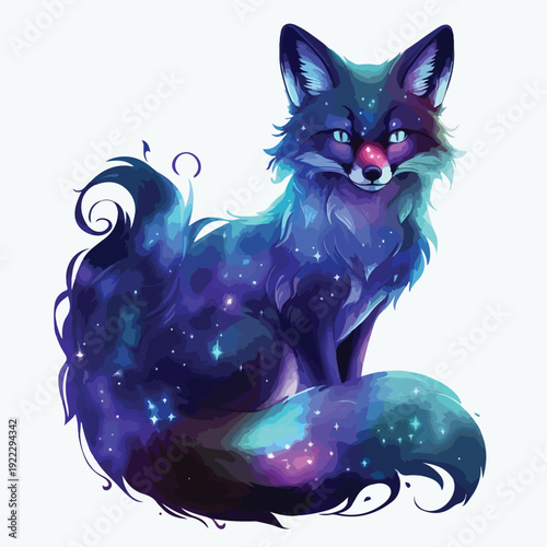 Mystical cosmic fox with swirling starry nebula fur sits gazing intently with captivating otherworldly eyes