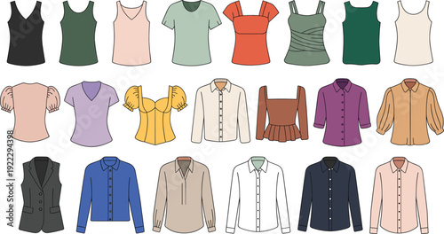 Women blouse and tops collection set, flat vector illustration of tank tops, shirts, vests, elegant modern female fashion apparel icons isolated background