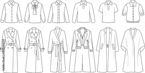 Women coats and shirts collection set, flat line vector illustration of trench coats, jackets, blouses, outerwear fashion design templates isolated