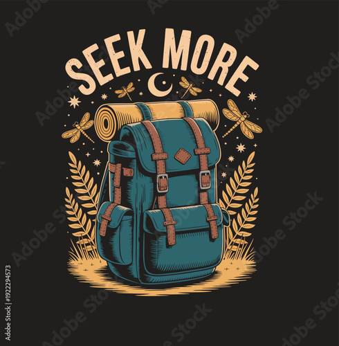 Blue backpack with rolled sleeping bag and seek more text brown