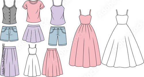 Women dresses and casual outfits collection set, flat vector illustration of tops, skirts, shorts, elegant modern female fashion apparel icons isolated
