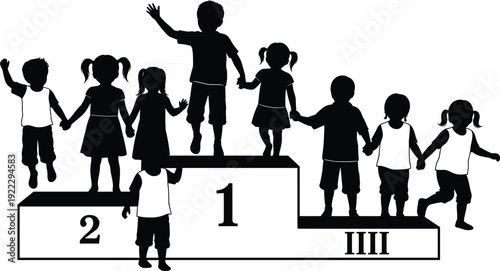 Black silhouettes of happy children standing on winners podium holding hands and celebrating victory isolated on white background for school sports competition design