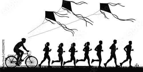 Black silhouettes of people running and cycling with kites flying in the sky on a grassy field isolated on white background for summer recreation
