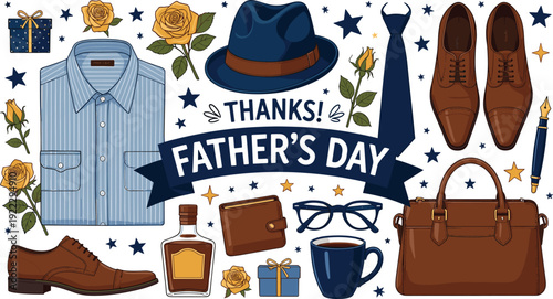 Happy Father’s Day Greeting Design with Gifts, Menswear Accessories, Shirt, Shoes, Hat and Whiskey Illustration on White Background
