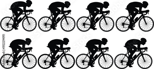 Black Silhouettes of Professional Cyclists Racing in a Group on Road Bikes Isolated on White Background for Sports Competition and Speed Concept Illustration.