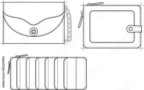 Leather Wallet Technical Drawing Set, Detailed Zip and Flap Purse Blueprint Line Art Illustration Isolated on White Background