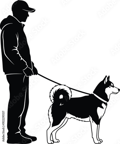 Black vector silhouette illustration of a man wearing a cap and jacket walking a husky dog on a leash isolated on white background.