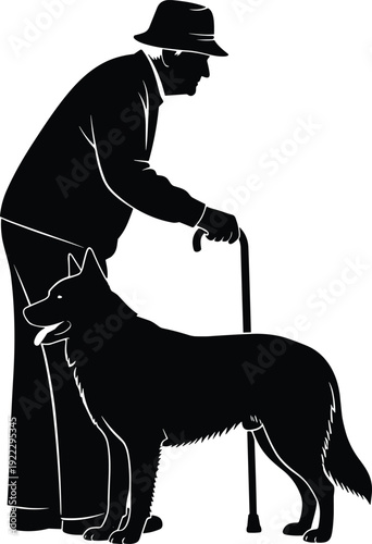 Black vector silhouette illustration of an elderly man with a hat and walking cane standing with a German Shepherd dog on white background.