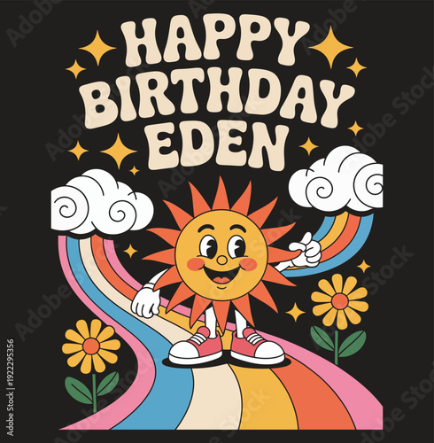 Colorful cartoon sun with arms and legs on a rainbow celebrating a birthday celebration