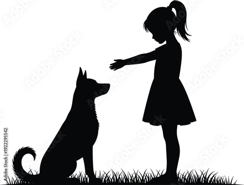 Black vector silhouette of a little girl in a dress training a sitting dog on grass isolated on white background for pet design.