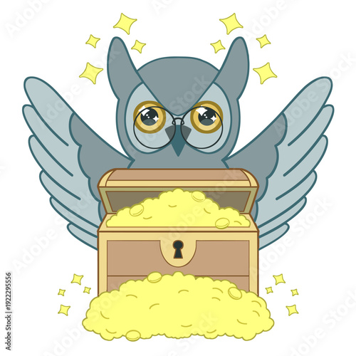 宝箱を見つけて歓喜する眼鏡をかけたフクロウのイラスト 成功と発見