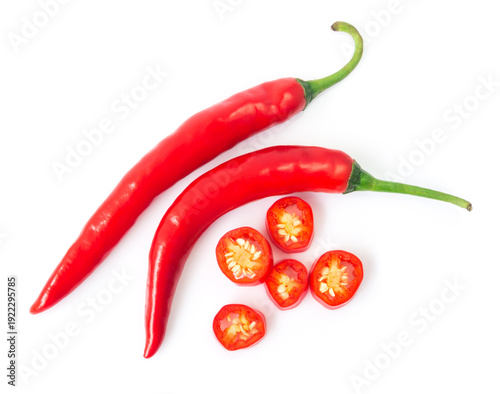 Photos Closeup top view red chili pepper with sliced on white background, raw food ingr