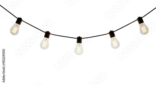 photorealistic garland of retro edison bulbs with glowing amber filaments hanging gracefully in a swag against a crisp white studio background with copy space. Concept for festive decoration