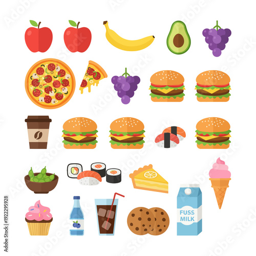 Assorted food items including fruits, pizzas, burgers, sushi, and desserts displayed together in a vibrant collection