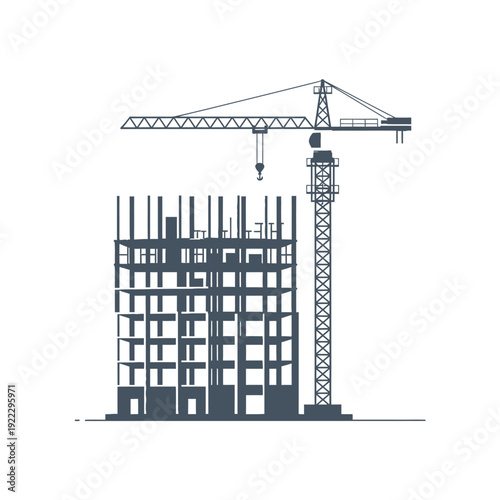 Modern Building Construction Site with Tower Crane - Flat Design Vector Illustration of Urban Development & Architecture