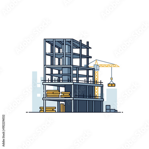 Building Construction Site Illustration with Crane and Framework | Urban Development and Real Estate Project