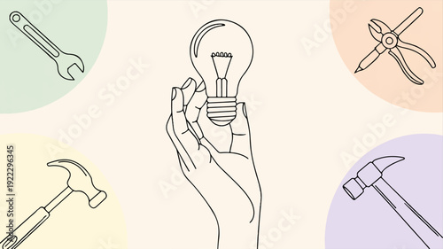 Hand holding lightbulb with tools background symbolizing ideas and innovation in a creative workspace