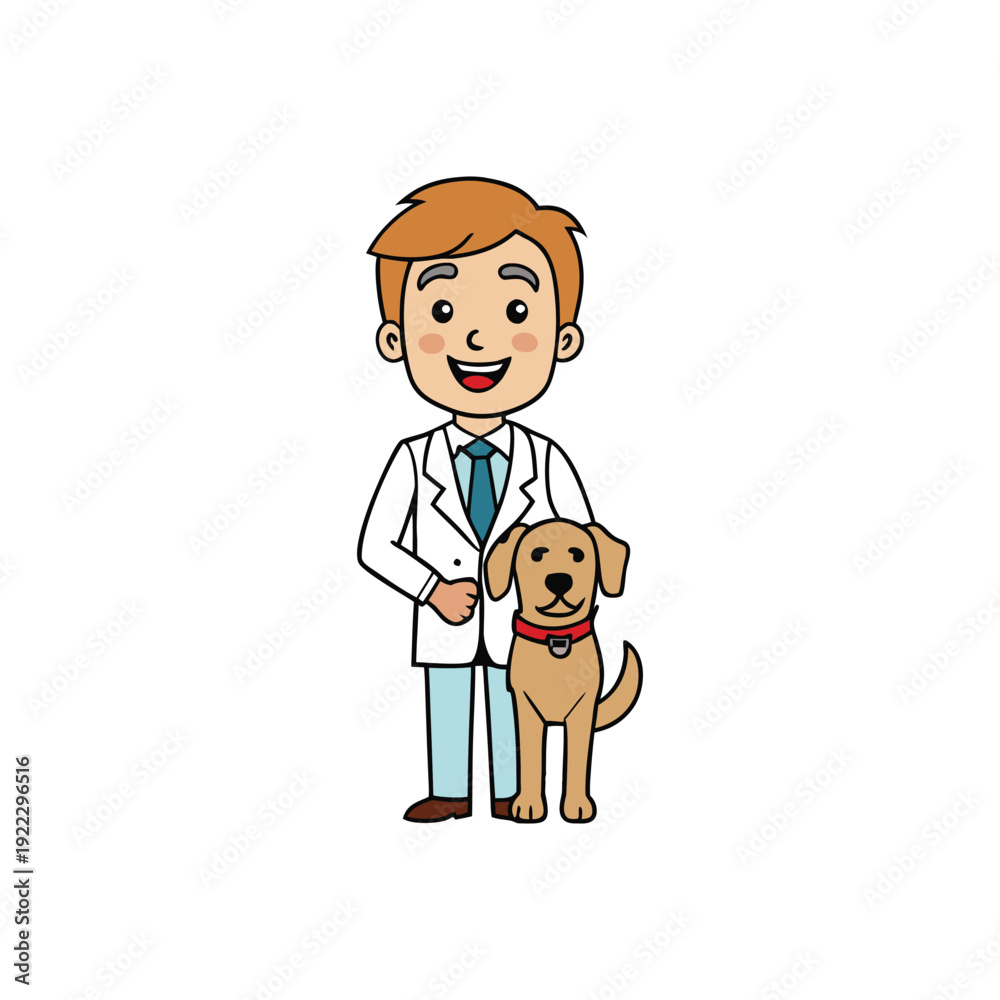 Fototapeta premium Veterinarian in white coat with golden retriever dog for pet care services