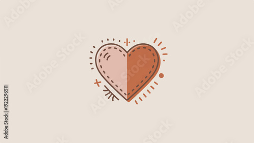 Heart symbol with dotted lines and sunburst on beige background for love and emotions concepts