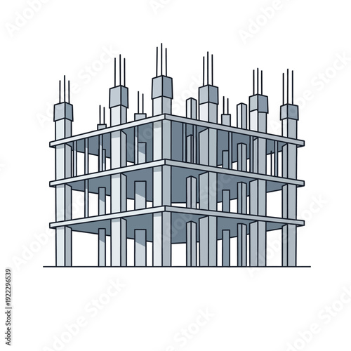 Building Under Construction Concrete Skeleton Frame Illustration. Unfinished Modern Architectural Structure Vector