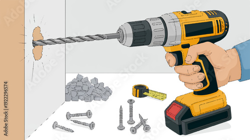 Hand holding yellow power drill with drill bits and screws on white surface diy home improvement project handyman tools renovation construction carpentry repair maintenance