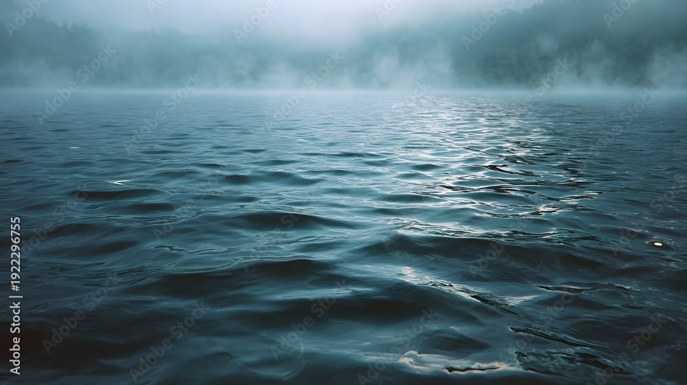 Fototapeta premium Misty lake water with gentle ripples and a distant forested shoreline under a foggy sky