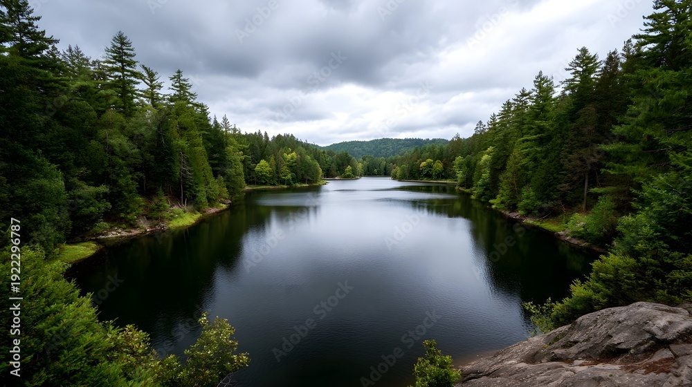 Fototapeta premium A tranquil lake is embraced by lush green forests under a dramatic overcast sky