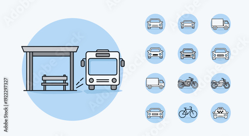 Bus stop with bus and various vehicle icons.