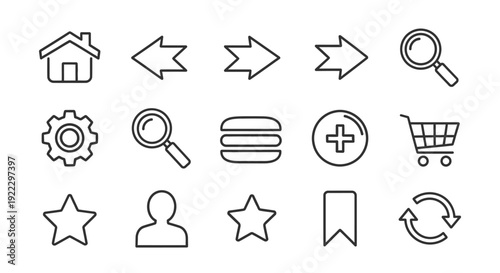 Collection of simple line art icons for user interface design.