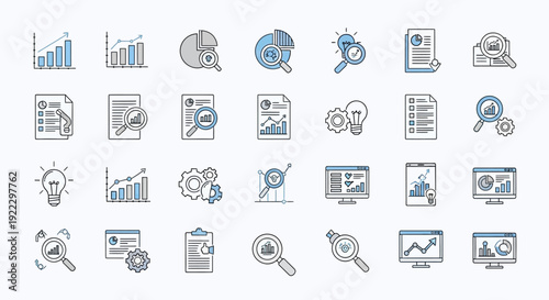 Business analytics icons and symbols for data research and strategy.
