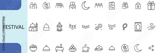 islamic festival and ramadan icon set, minimal outline religious symbols
