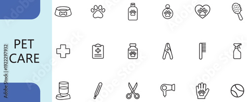 pet care and veterinary icon set, minimal outline animal grooming symbols