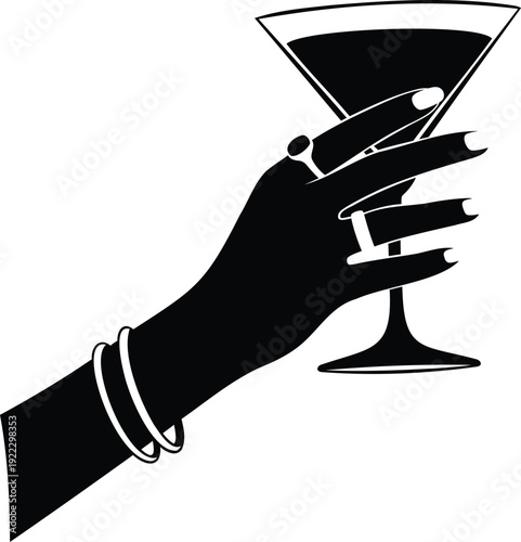 Black silhouette of hand holding martini glass vector illustration with jewelry for evening events