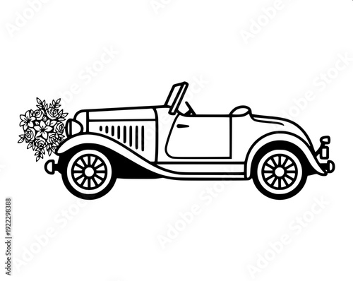 Monochrome vector art of antique automobile, retro car profile view, bold black silhouette, intricate wheel spokes, old-fashioned roof canopy, clean white background, laser cut style graphic