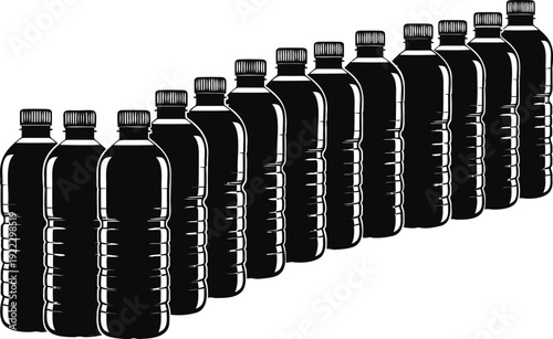 Line of plastic water bottles vector illustration, drink packaging with transparent background