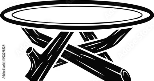 Natural wooden log table with oval glass top vector illustration for rustic interior furniture design