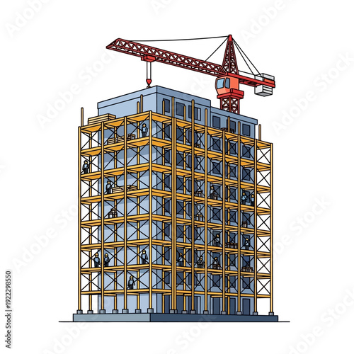 High-Rise Building Construction with Crane and Scaffolding - Urban Development Illustration
