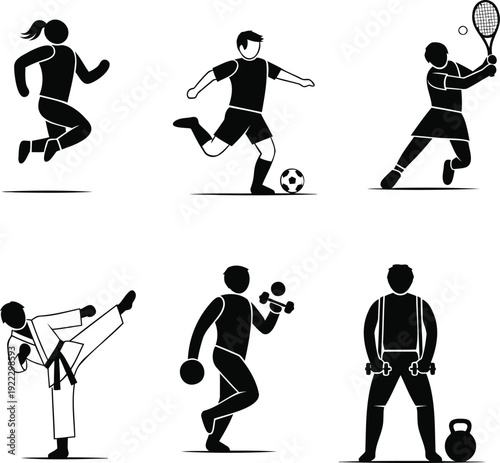 Set of black silhouette icons representing diverse sports and fitness activities, vector illustration on transparent background