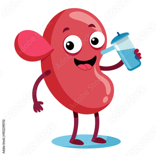 A cartoon kidney character drinking from a bottle