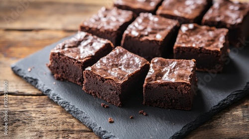 Freshly baked gourmet chocolate brownies on a slate surface with wooden backdrop ready to be served