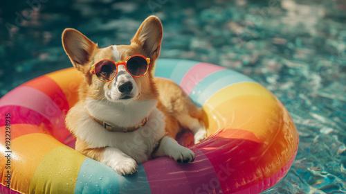 Ai Dog wearing sunglasses relaxing on a colorful float in a swimming pool during sunny weather