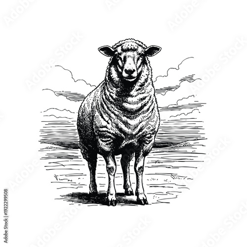 Vintage Engraving of a Sheep Standing in a Field. Hand drawn engraving style vintage vector.