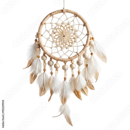Elegant dreamcatcher adorned with delicate white feathers and tassels hanging gracefully.