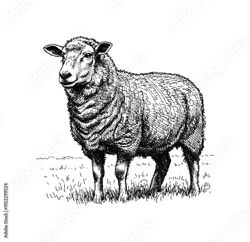 Detailed Black and White Illustration of a Sheep Standing in a Field. Hand drawn engraving style vintage vector.
