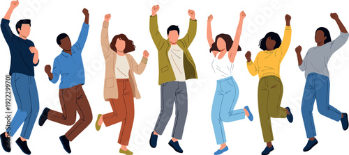 Group of diverse happy people jumping and cheering with raised hands celebrating success and victory flat vector illustration