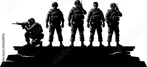 Black and white silhouette of brave soldiers in tactical gear standing on a platform with rifles and communication equipment vector illustration