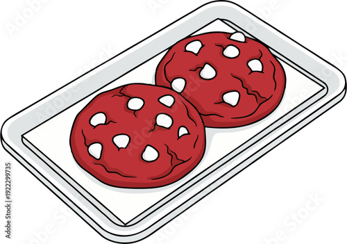 Red Velvet Cookies with White Chocolate Chips on Baking Tray Cartoon Vector Illustration